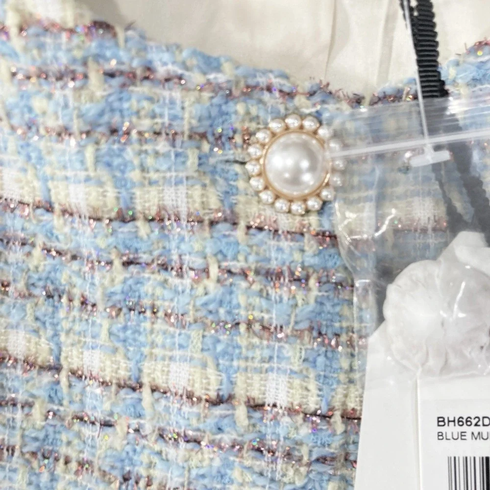 Wool Tweed Pearl Button Mini Dress Mod Woven Baby Blue Retro Womens M NWT $140